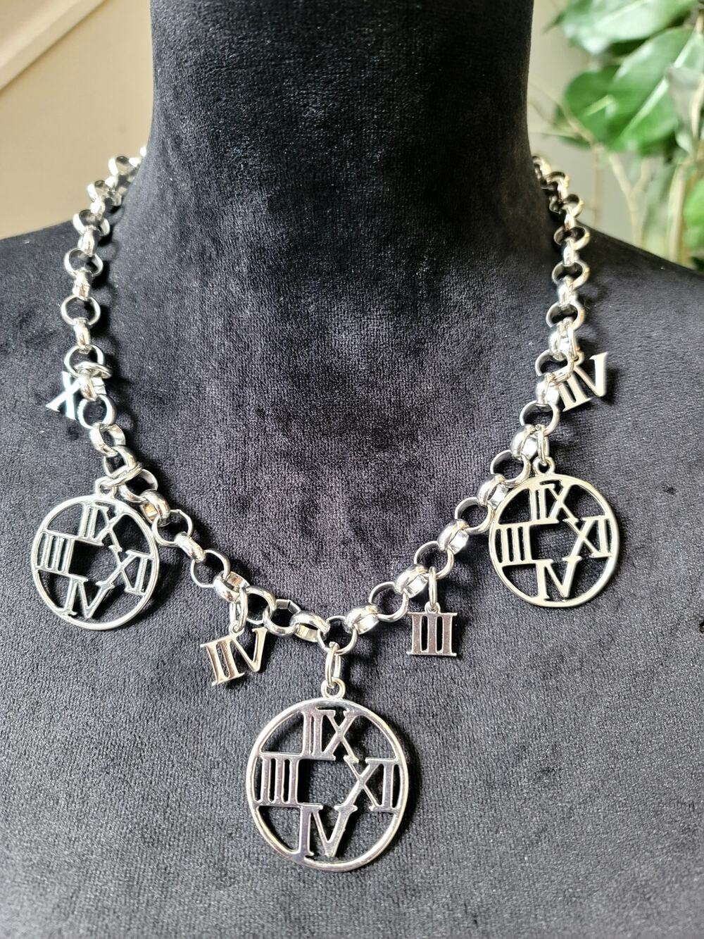 Silver Tone Roman Numeral Charm Statement Necklace